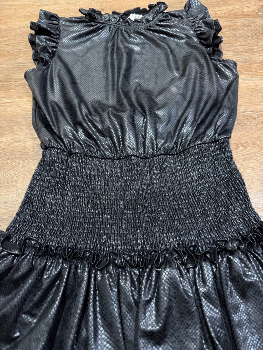 TCEC Faux Leather Black Snake Smocked Ruffle Tiered Mini Dress - Picture 6 of 10